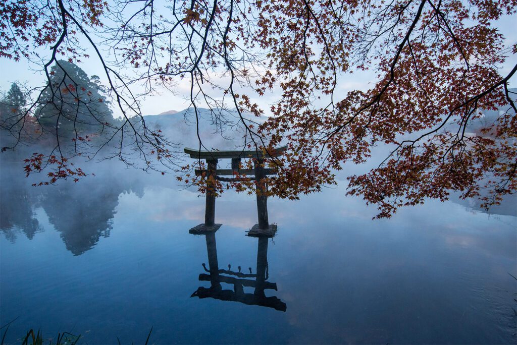 由布院・金鱗湖の幻想的描写が加わった『たぬさんの領分』英語版抜粋初公開|海外読者に向けた文化的翻案とは? 1 Torii gate at Kinrin Lake in Yufuin with steam rising from the lake surface on an autumn morning.